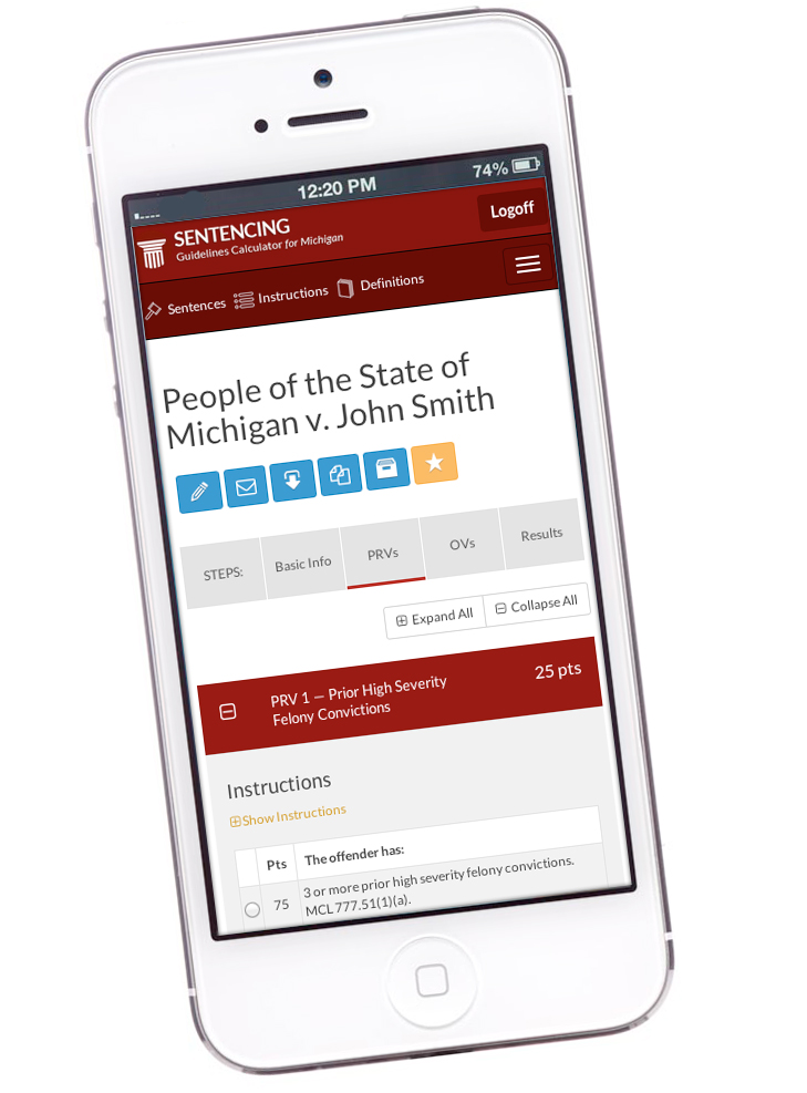 Michigan Sentencing Guidelines Calculator displayed on an iPhone